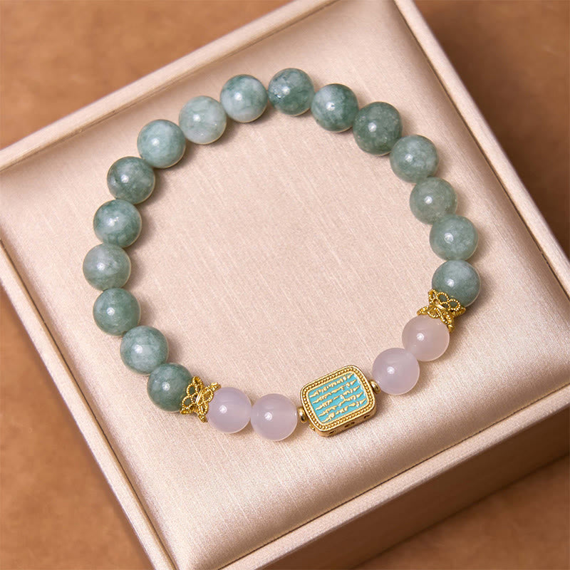 Natural Green Jade White Agate Five Scriptures Abundance Bracelet