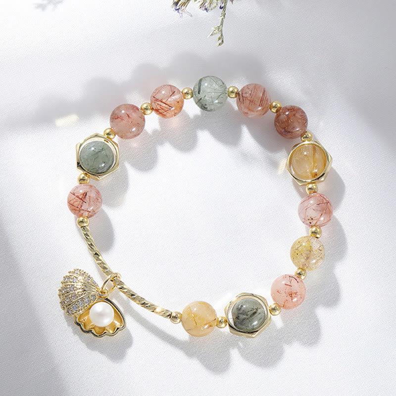 Natural Colorful Rutilated Quartz Shell Protection Bead Bracelet