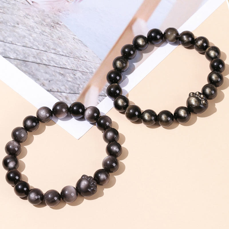 Natural Sheen Obsidian Beaded Cat Paw Charm Bracelet