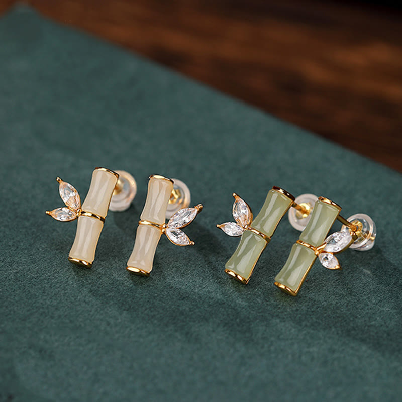 Gold Plated 925 Sterling Silver Bamboo Pattern Jade and Agate Stud Earrings