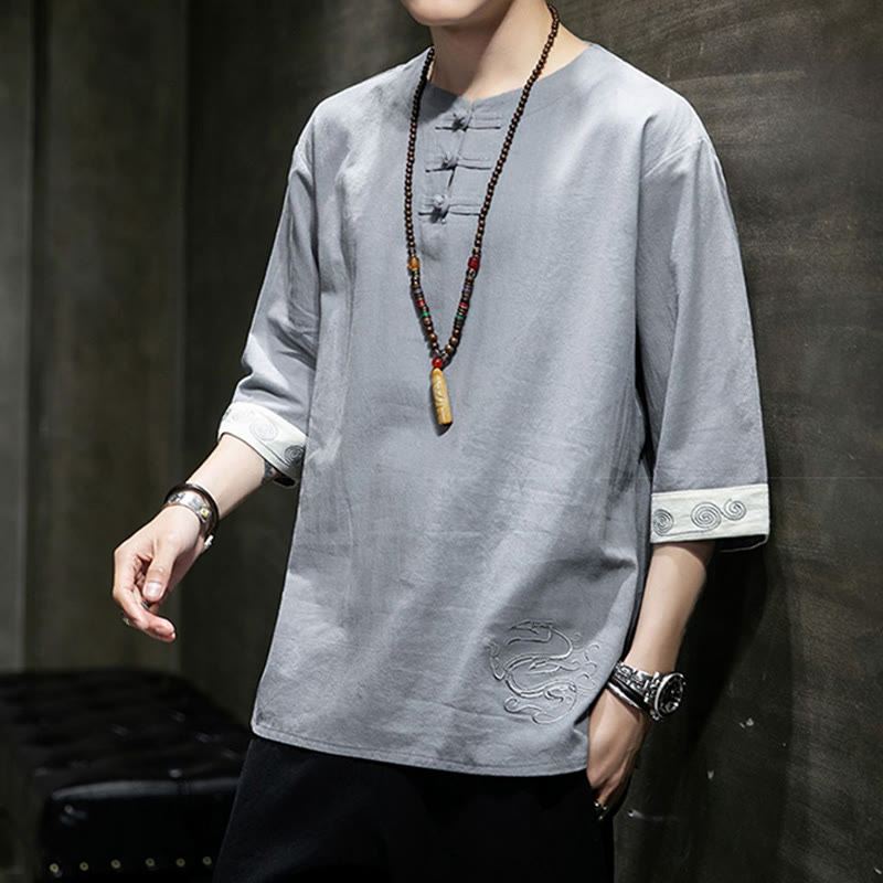 Frog-Button Dragon Embroidery Chinese Tang Suit Three Quarter Sleeve Shirt Cotton Linen Men Clothing