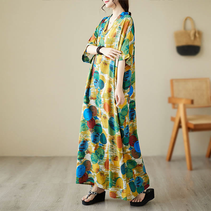 Orange Blue Colorful Polka Dots Midi Dress Cotton Half Sleeve Dress With Pockets