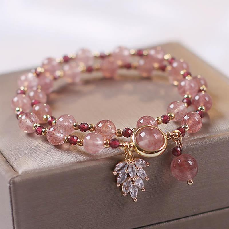 Natural Strawberry Quartz 6mm Bead Double Wrap Bracelet with Maple Leaf Charm