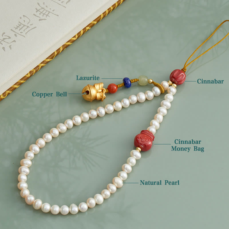 Natural Pearl Cinnabar Money Bag Bell Gold Swallowing Beast Dancing Lion Healing Phone Hanging Decoration
