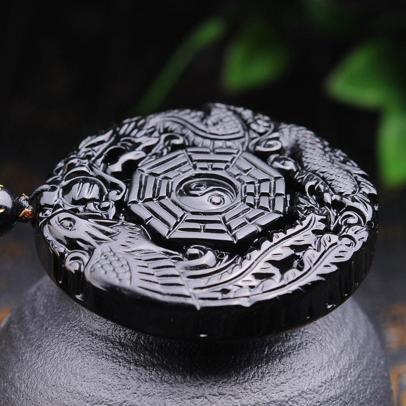 Bagua Dragon Phoenix Obsidian Fulfilment Pendant Necklace