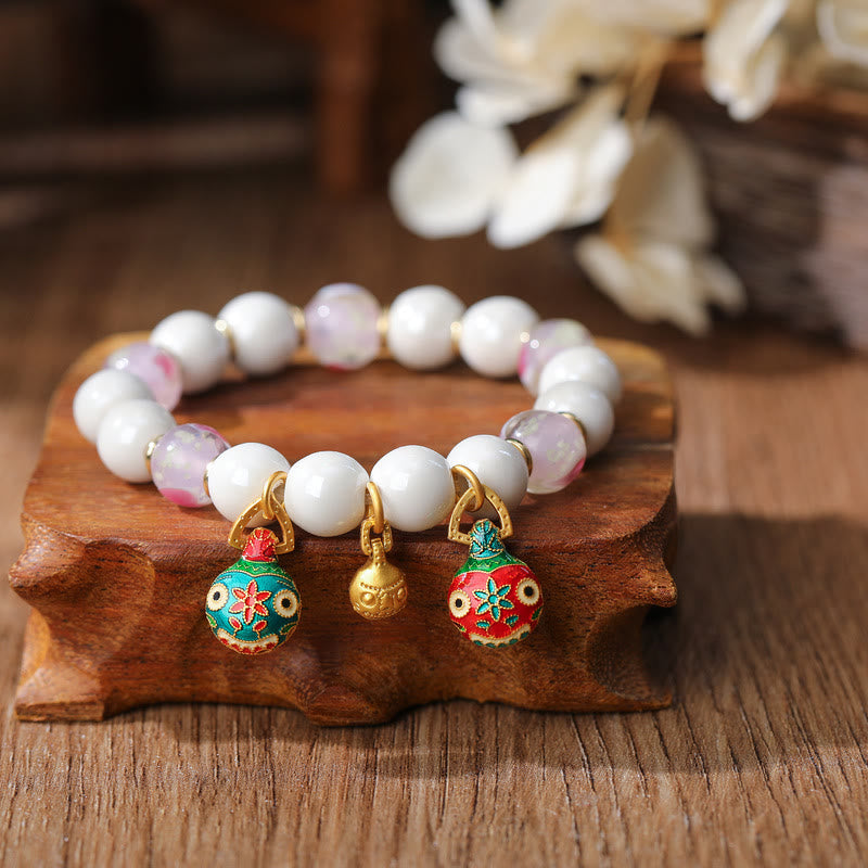 Gold Swallowing Beast Family Charm Liuli Glass Colorful Porcelain Bead Luck Bracelet