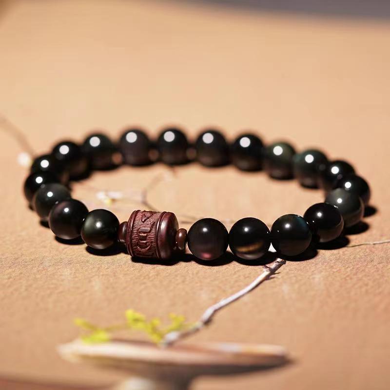 Natural Gold Sheen Obsidian Rainbow Obsidian Om Mani Padme Hum Fu Character Healing Bracelet