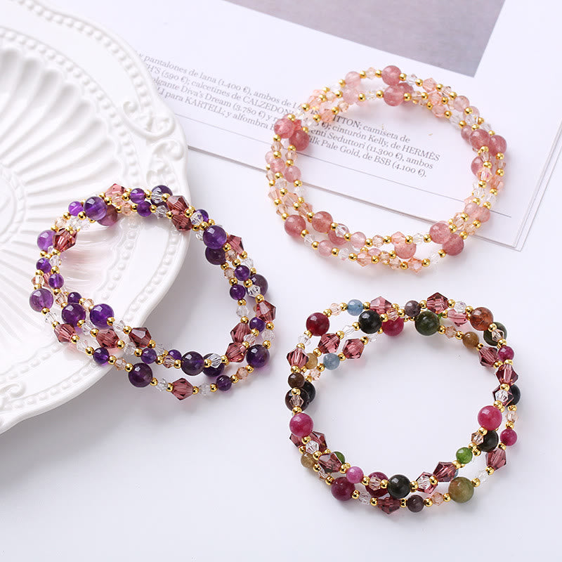 Natural Tourmaline Strawberry Quartz Amethyst Peace Wisdom Double Wrap Bracelet