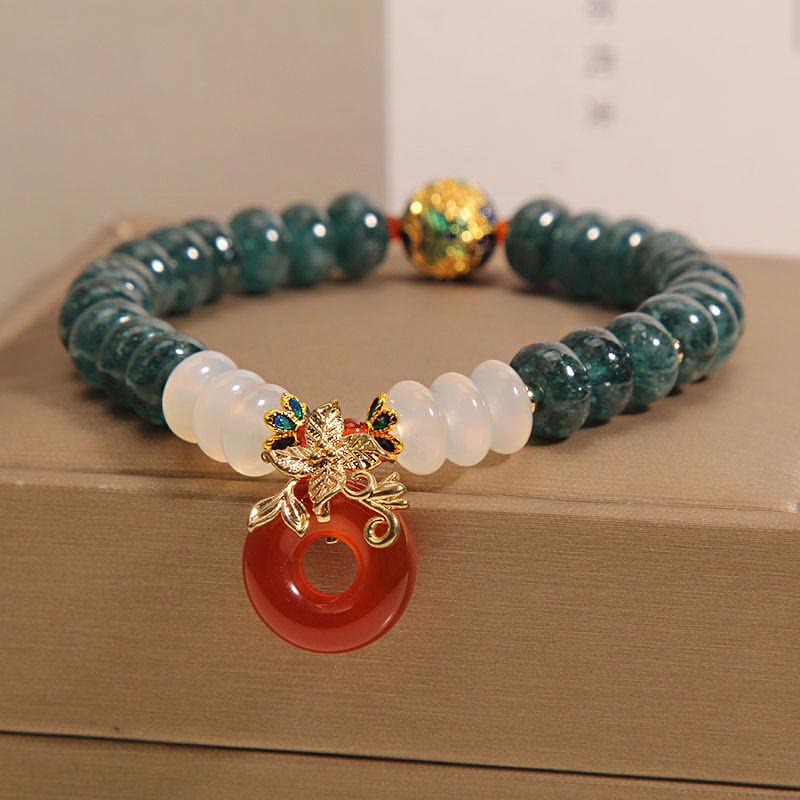 Jade, White & Red Agate Ping An Kou Peace Buckle Abacus Beaded Bracelet