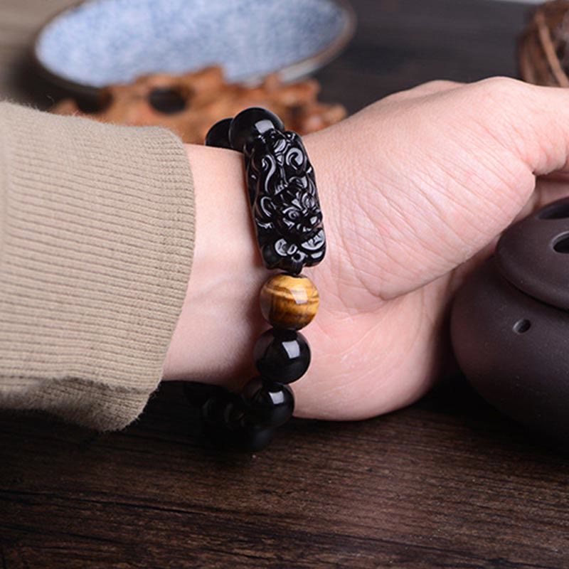 Natural Black Obsidian and Tiger Eye Pixiu Beaded Energy Bracelet