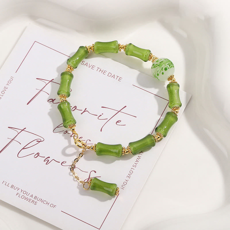 Handcrafted Moss Agate and Green Liuli Crystal Bamboo Motif Chain Bracelet