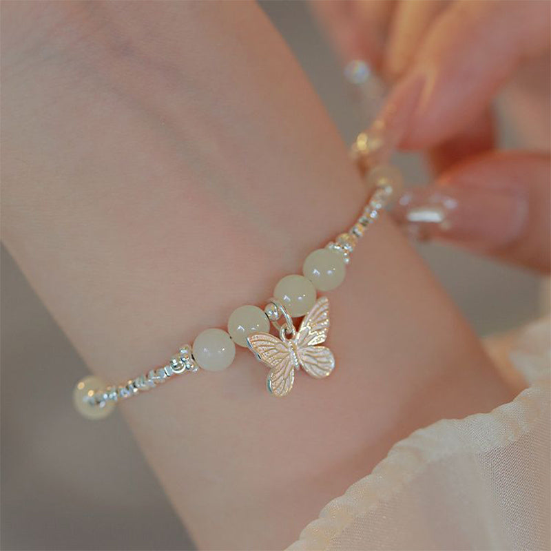925 Sterling Silver Natural Hetian Jade Luck Butterfly Charm Bracelet