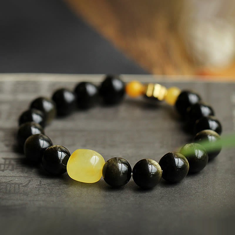 Natural Gold Sheen Obsidian & Amber Bracelet with 925 Sterling Silver and Zodiac Guardian