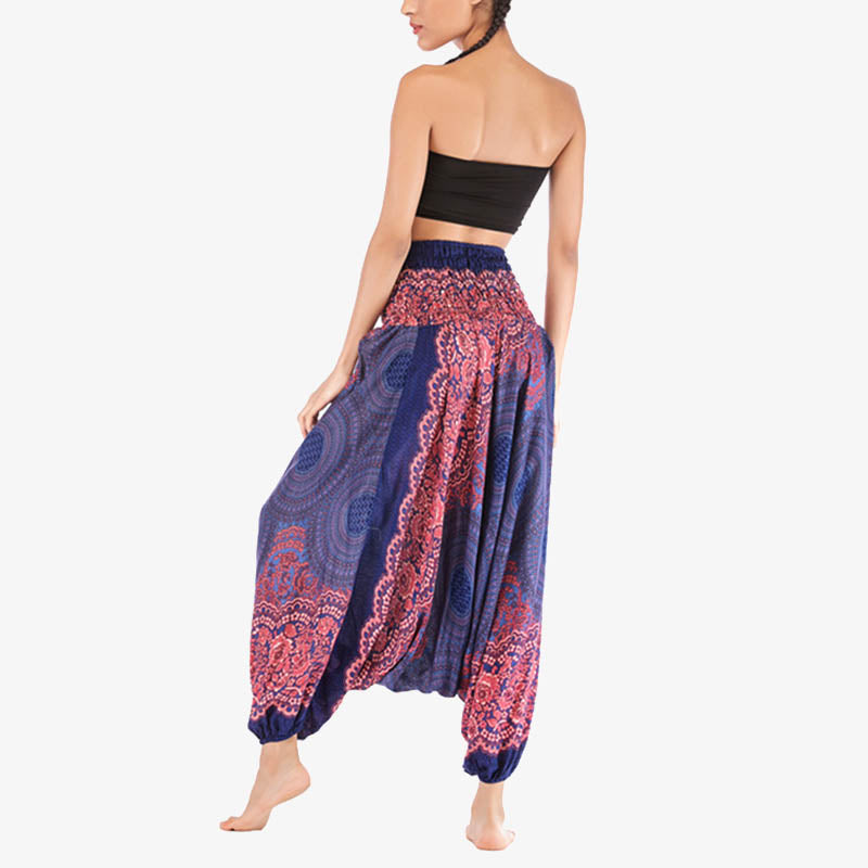 Two Style Wear Round Geometric Pattern Loose Smocked Harem Trousers Jumpsuit High Waist Women's Yoga Pants