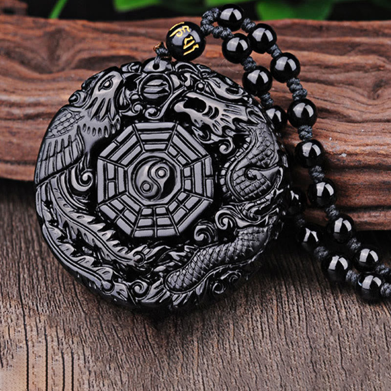 Bagua Dragon Phoenix Obsidian Fulfilment Pendant Necklace