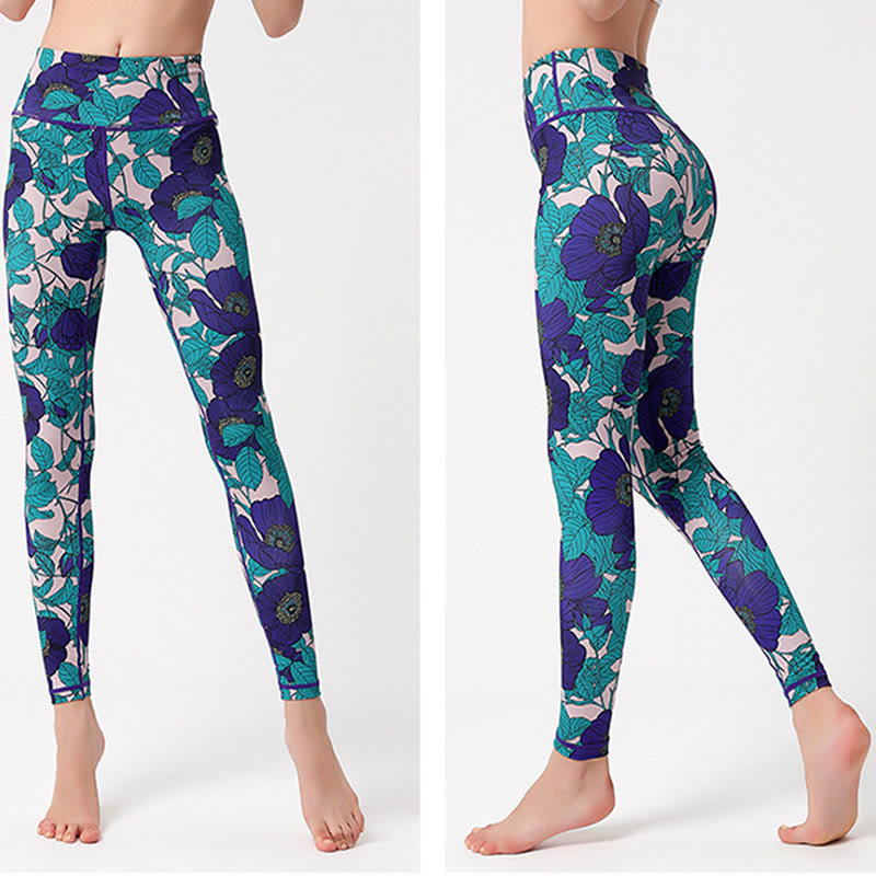 Colorful Flower Petal Leaves Print Sports Exercise Fitness High Waist Leggings Women's Yoga Pants