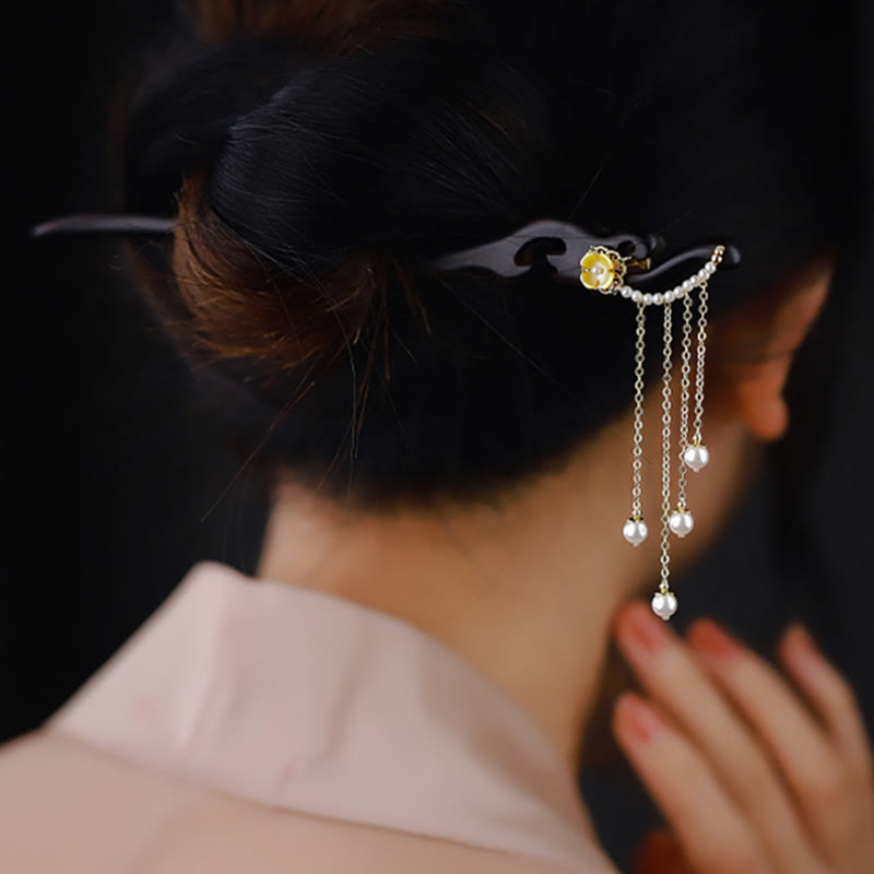 Ebony Wood Yellow Flower Pearl Tassels Hairpin