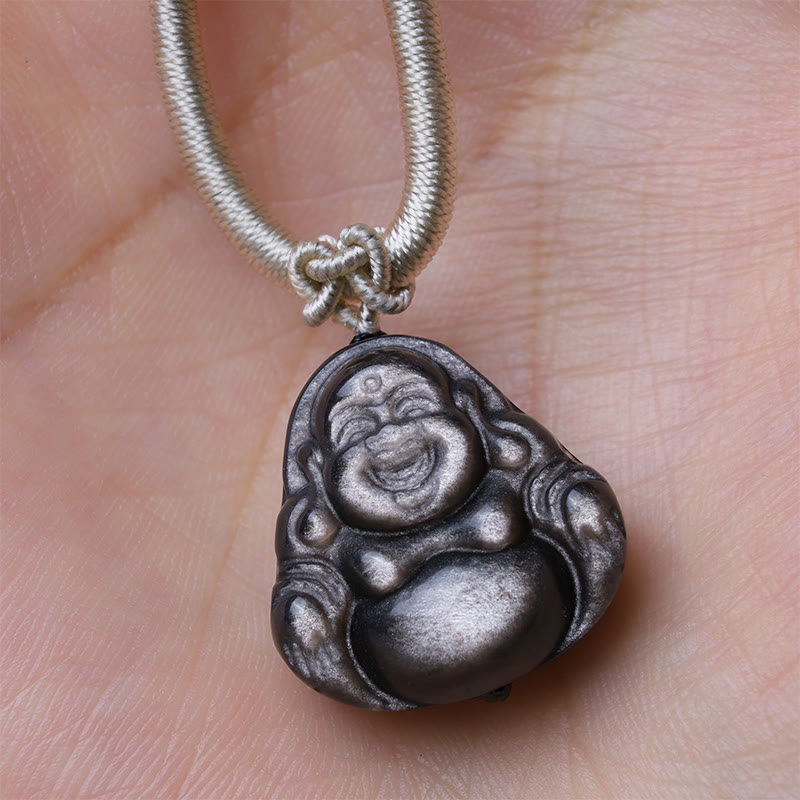 Natural Silver Sheen Obsidian Laughing Buddha Protection Necklace Pendant