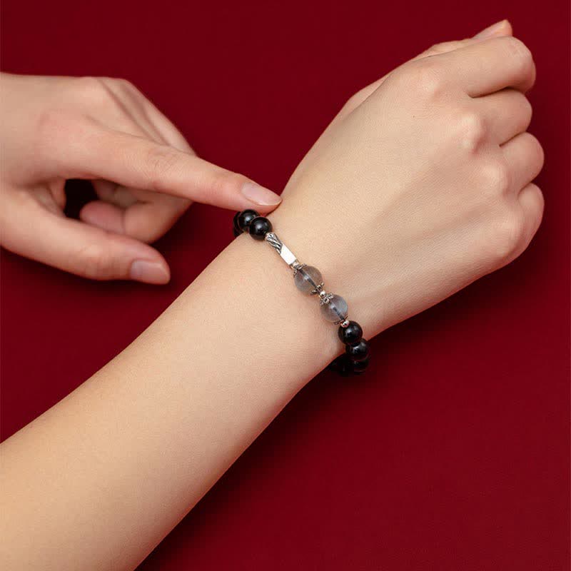 925 Sterling Silver Black Obsidian and Moonstone Beaded Couple Bracelet Set
