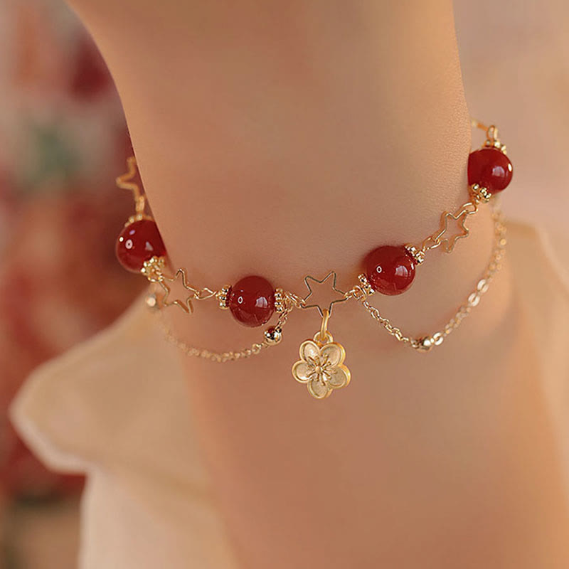 14k Gold Plated Red Agate Star Flower Charm Calm Bracelet