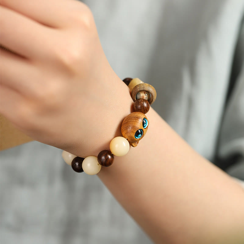 Natural Bodhi Seed Sandalwood Lucky Cute Cat Head Paw Claw Peace Bracelet