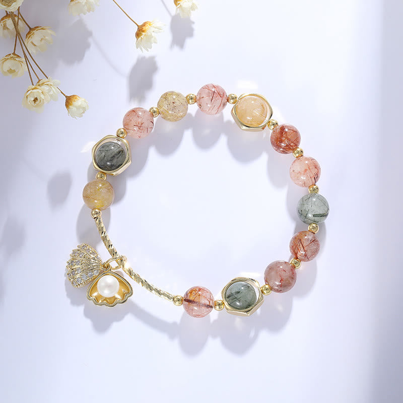 Natural Colorful Rutilated Quartz Shell Protection Bead Bracelet