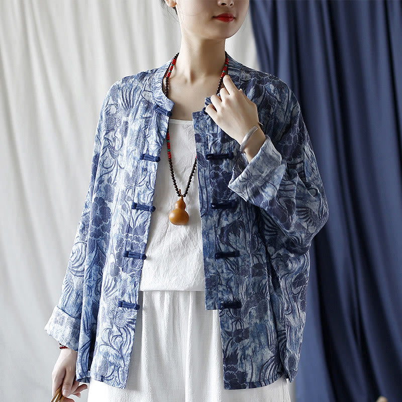 Ramie Linen Floral Stand Collar Meditation Jacket Shirt