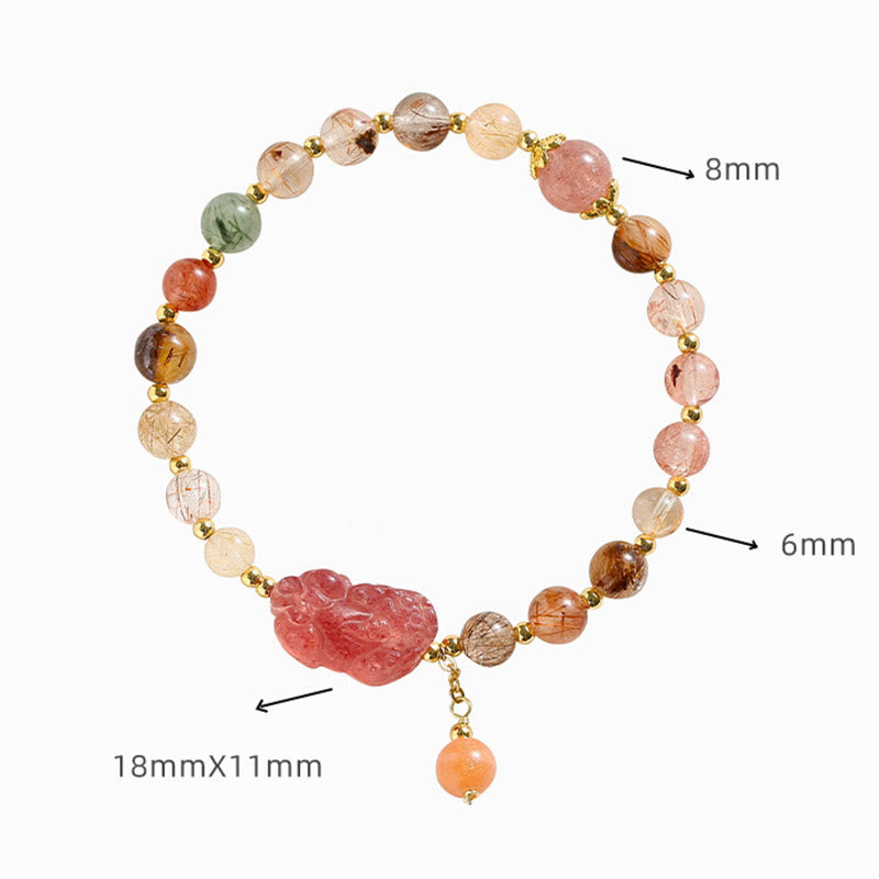 Hand-Assembled Natural Strawberry Quartz & Copper Pixiu Beaded Bracelet