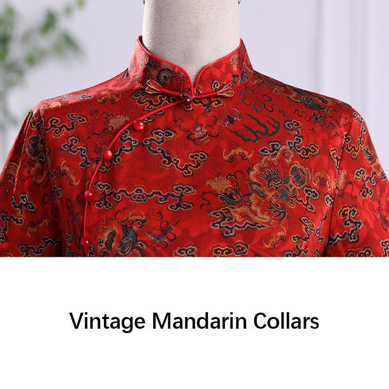 Vintage Auspicious Clouds Leaf Print Cheongsam Dress Women's Qipao Dress