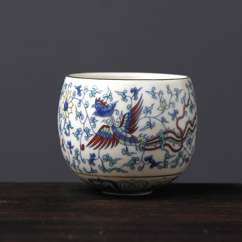 Vintage Plum Blossom Pine Bamboo Phoenix Kirin Lion Dancing Ceramic Teacup Tea Cups