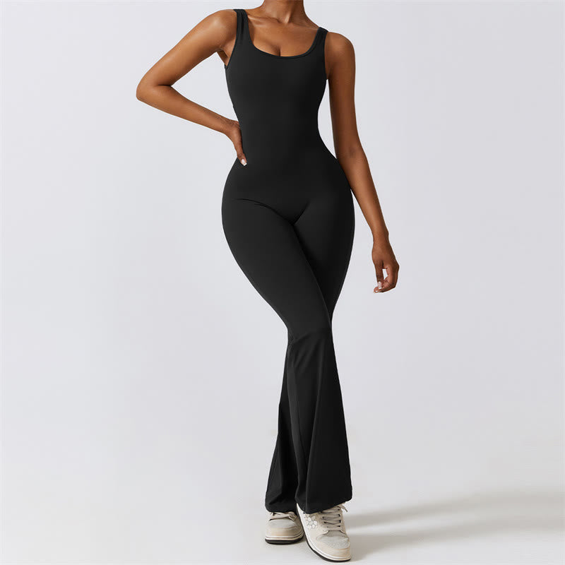 Women Workout Sleeveless Jumpsuit Flare Pants Sports Fitness Yoga Bodysuit