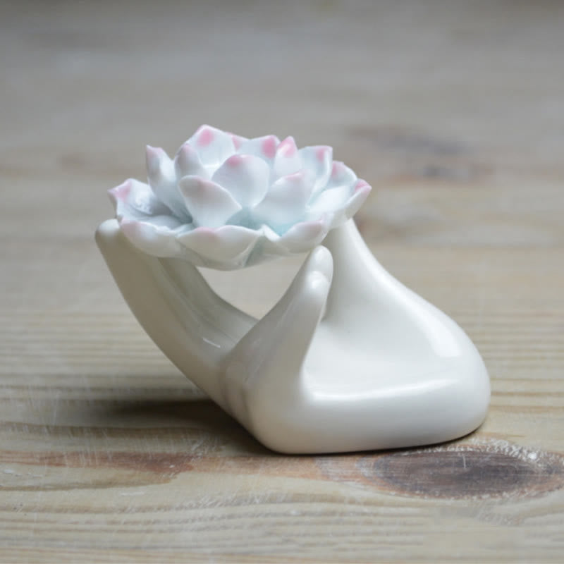 Small Ceramic Mudra Hand & Lotus Incense Burner for Mindful Practice