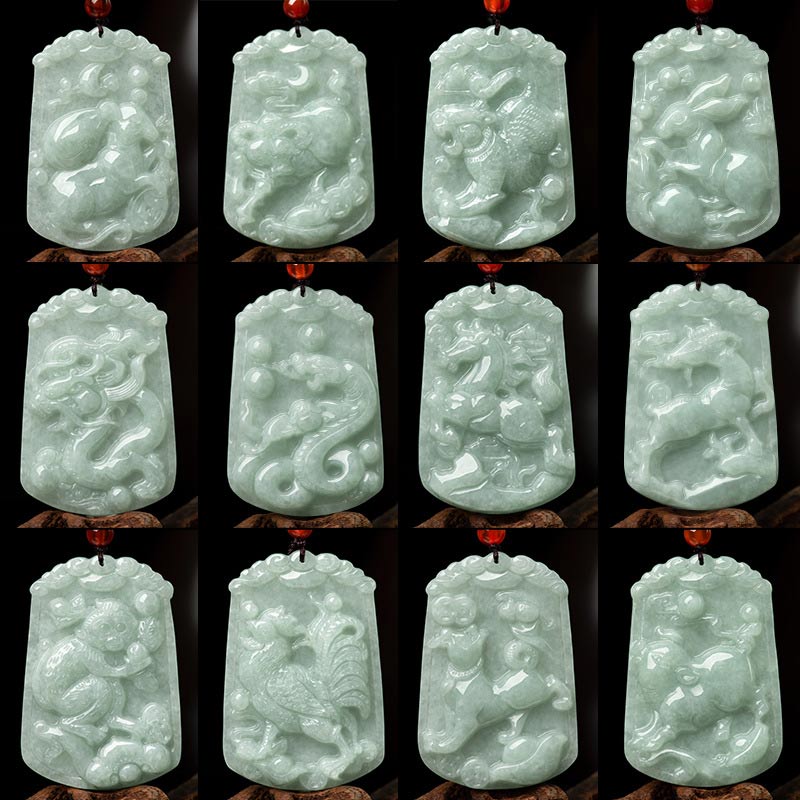 Natural Jade 12 Chinese Zodiac Abundance Amulet Pendant Necklace