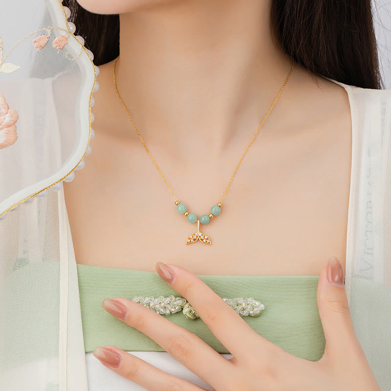 925 Sterling Silver Hetian Jade Bead Fishtail Luck Necklace Pendant