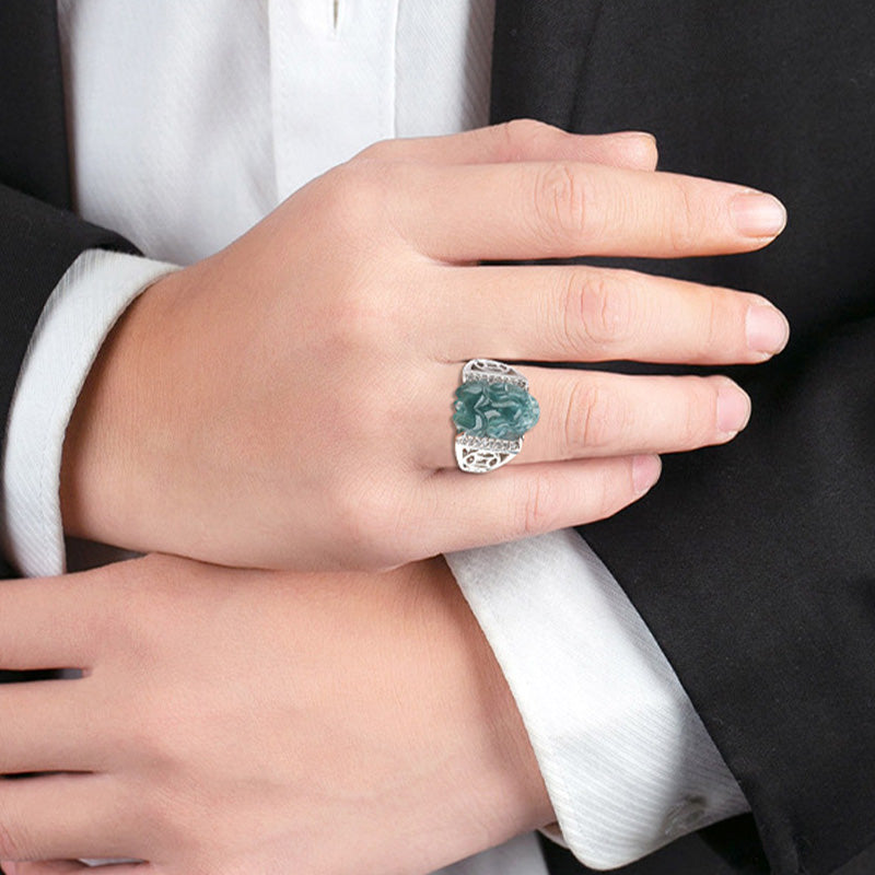 925 Sterling Silver Fengshui Wealth Prosperity Jade PiXiu Luck Ring