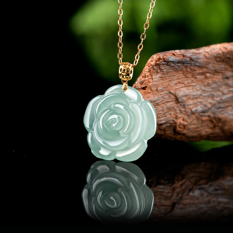 18K Gold Buckle 925 Sterling Silver Chain Natural Jade Rose Luck Necklace Pendant