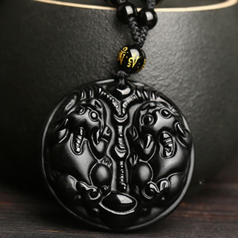 Black Obsidian Double Pixiu Bead Rope Purification Necklace Pendant