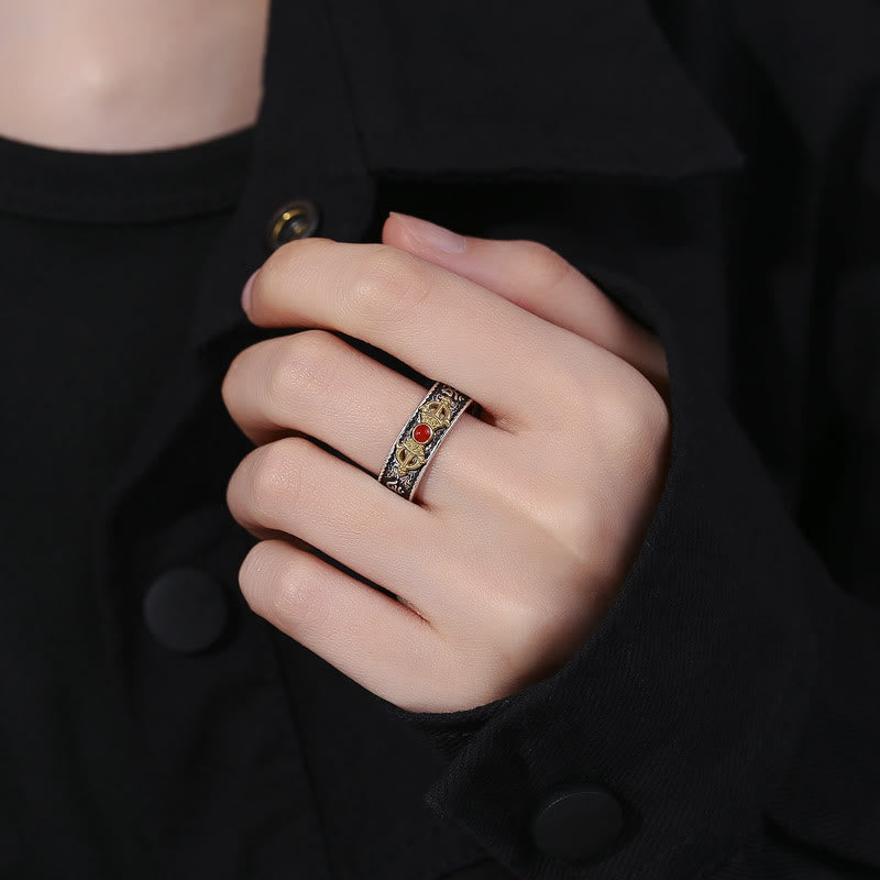 Tibetan Om Mani Padme Hum Red Agate Dorje Vajra Design Wisdom Ring