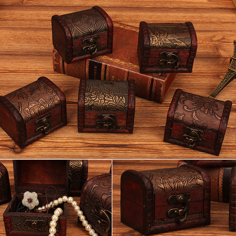 Retro Small Wood Jewelry Box Lotus Golden Grape Copper Coin Daffodil Grass Flower Jewelry Storage Box
