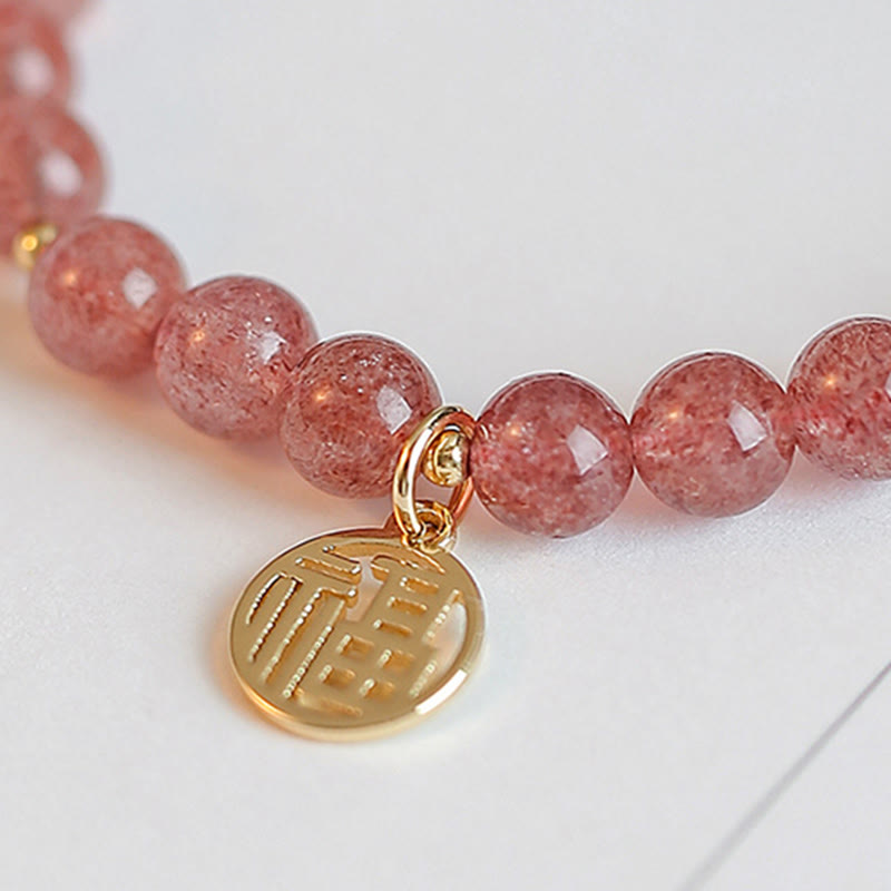 14K Gold Plated Strawberry Quartz Fu Character Healing Charm Bracelet