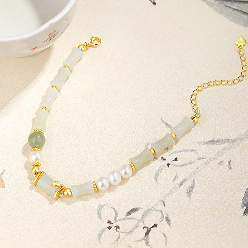 925 Sterling Silver Natural Hetian White Jade Bamboo Luck Blessing Bracelet