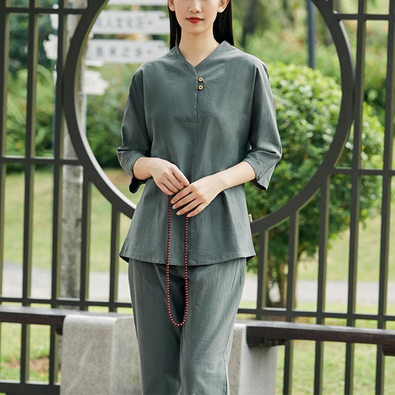 2Pcs Shirt Top Pants Meditation Zen Tai Chi Cotton Linen Clothing Women's Set