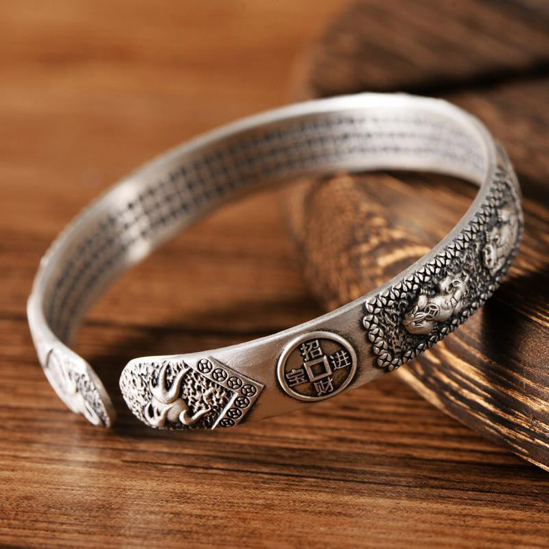 Tibetan PiXiu Heart Sutra Coin White Copper Wealth Bracelet Adjustable Bangle