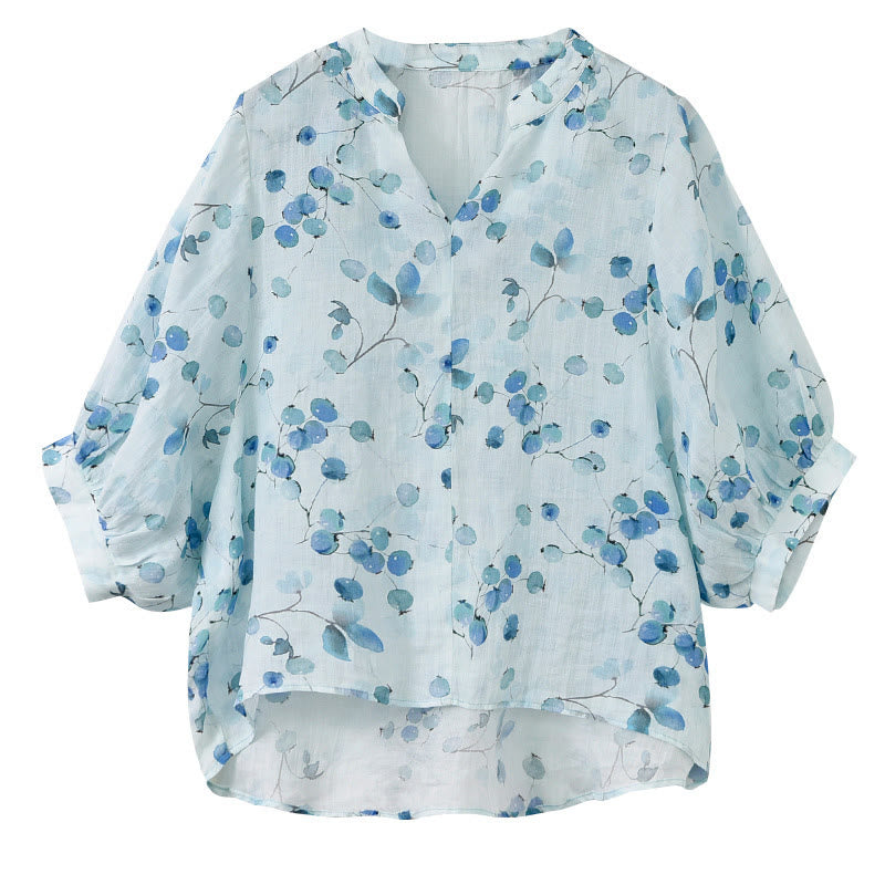 Fruits Leaves Pattern Lantern Sleeve Top Loose Tee T-shirt
