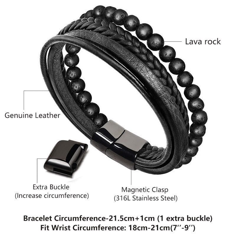 Natural Lava Rock Black Onyx Bead Leather Bracelet