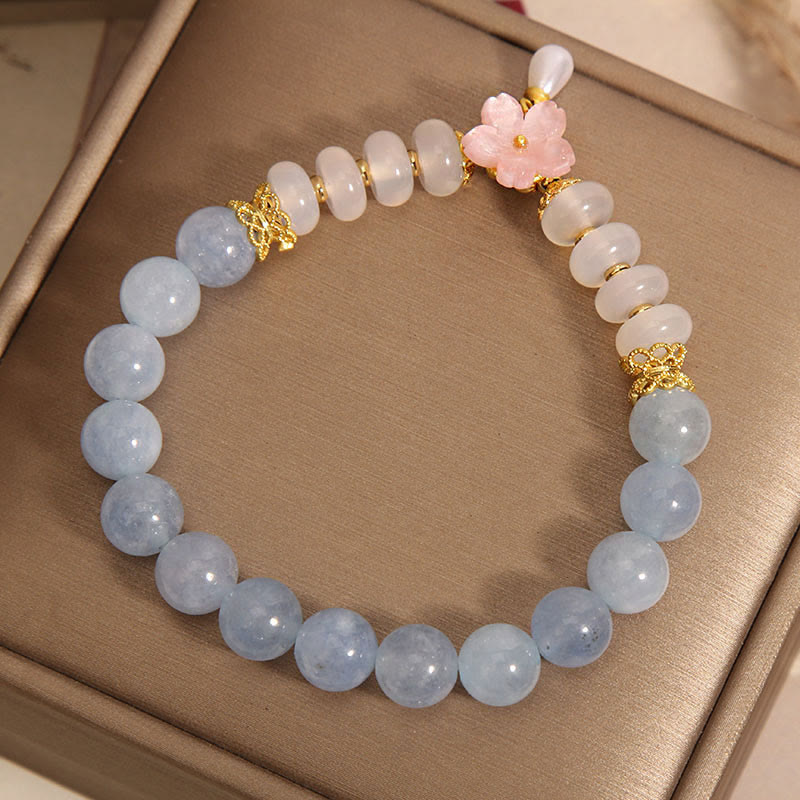 Aquamarine & White Agate Pearl Abacus Bead Bracelet with Floral Charm