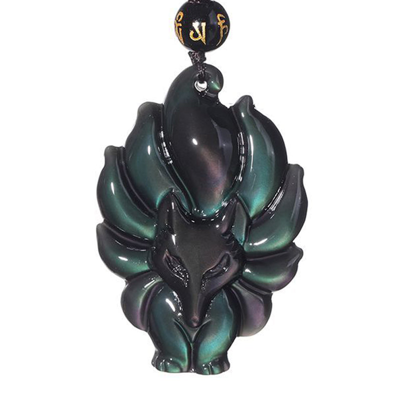 Natural Rainbow Obsidian Gold Sheen Obsidian Nine Tailed Fox Positive Necklace Pendant