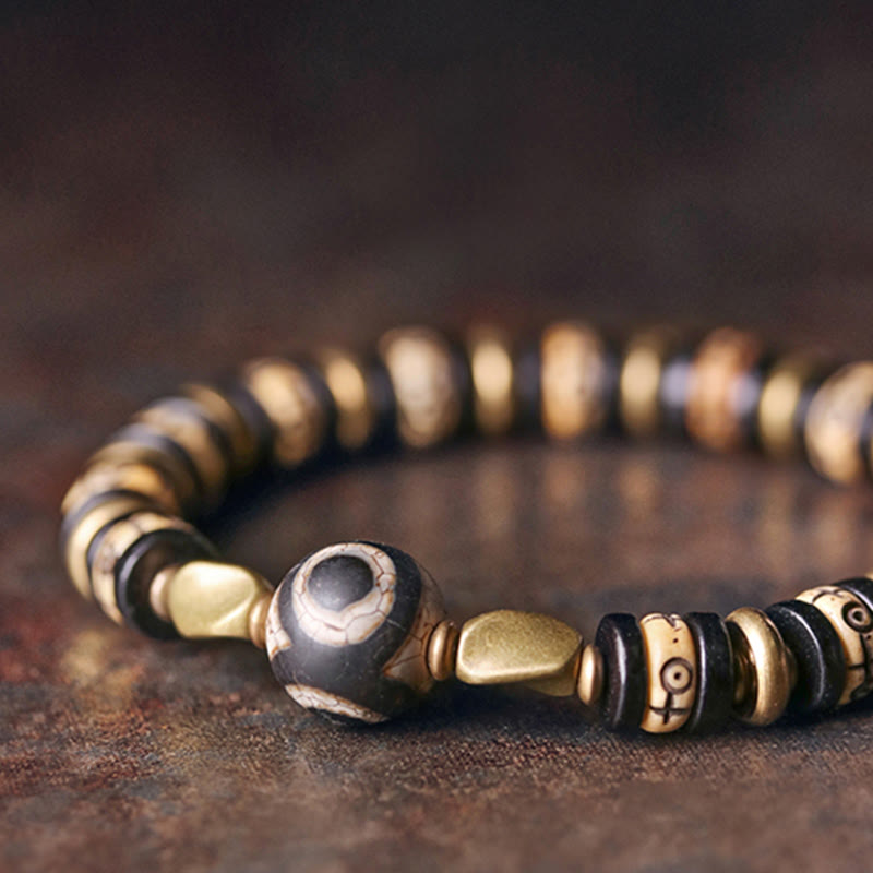Ebony Wood & Dzi Bead Bracelet with Copper Accents for Grounding Strength
