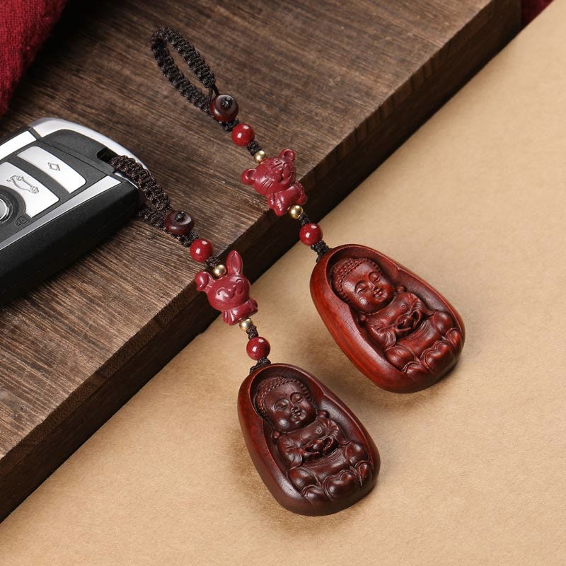 Small Leaf Red Sandalwood & Cinnabar Buddha Chinese Zodiac Carved Keychain
