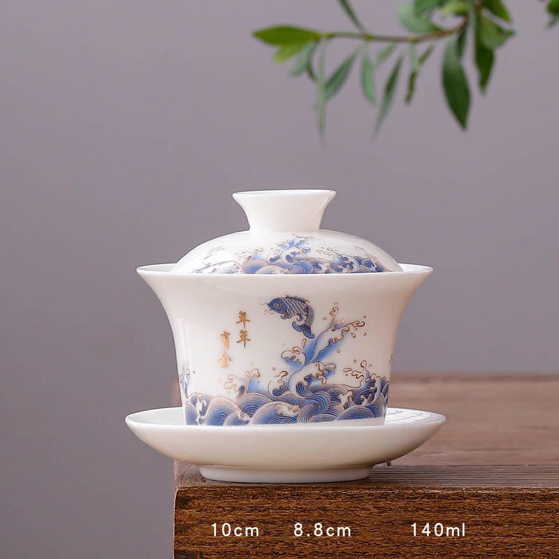 White Porcelain Mountain Landscape Countryside Ceramic Gaiwan Teacup Kung Fu Tea Cup And Saucer With Lid